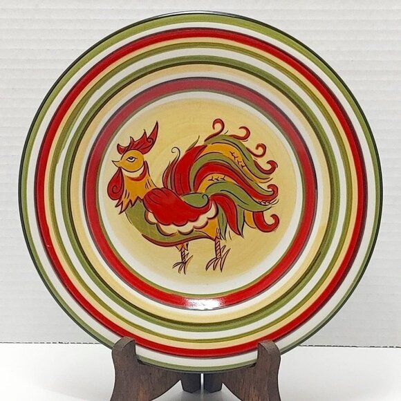 Salad Plates Red Green Yellow Trim Tabletops Gallery Rafael Rooster 8.5" - Picture 1 of 7